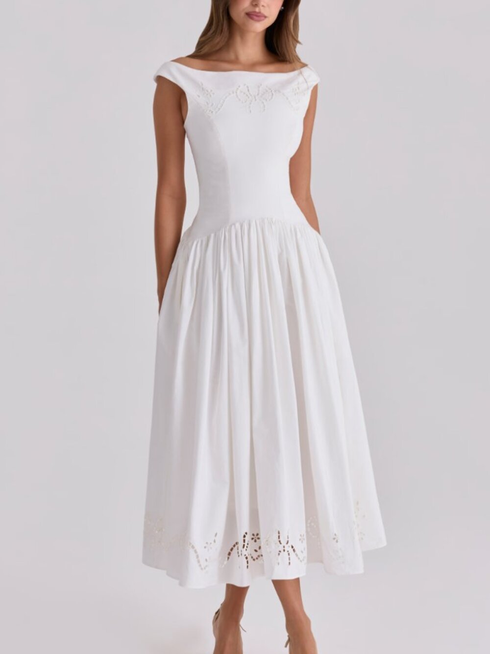 House of CB Lauren White Cotton Broderie Anglaise Boat-Neck Maxi Dress - Size XS